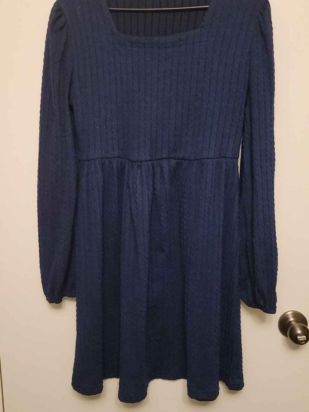 Navy Ribbed Long-Sleeve Babydoll Dress